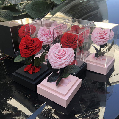 Preserved Rose With Stem In Acrylic box others color in Heart Shape