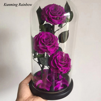 Three-3 Preserved Rose In Glass Dome-Purple Color+black gift boxe