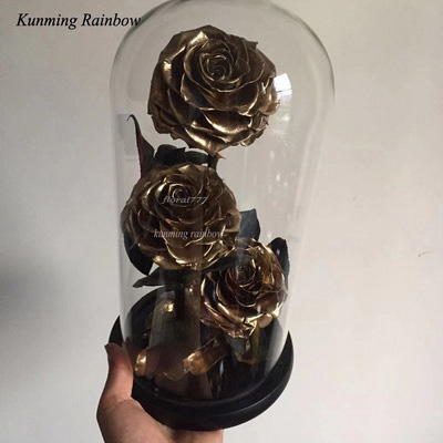 Three-3 Preserved Rose In Glass Dome-Gold Color++black gift boxe