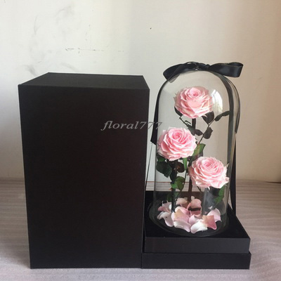 Three-3 Preserved Rose In Glass Dome-Light Pink+black gift boxe