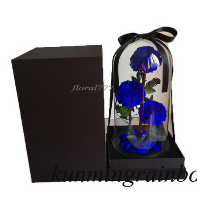 Three-3 Preserved Rose In Glass Dome-Dark blue